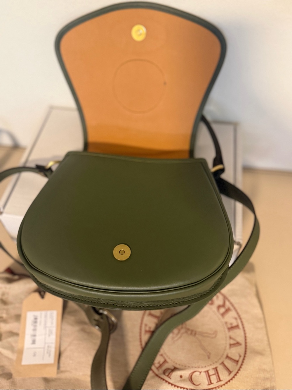 Penelope Chilvers Olive Green Embroidered Leather Crossbody Saddle Bag NWT - Picture 3 of 7
